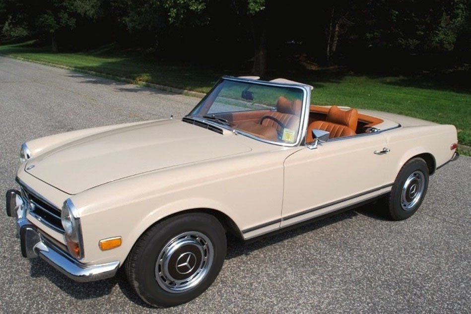 Rare Factory Beige Mercedes 280SL From 1971 With Expertly Restored Leather, Chrome, And Top Pieces